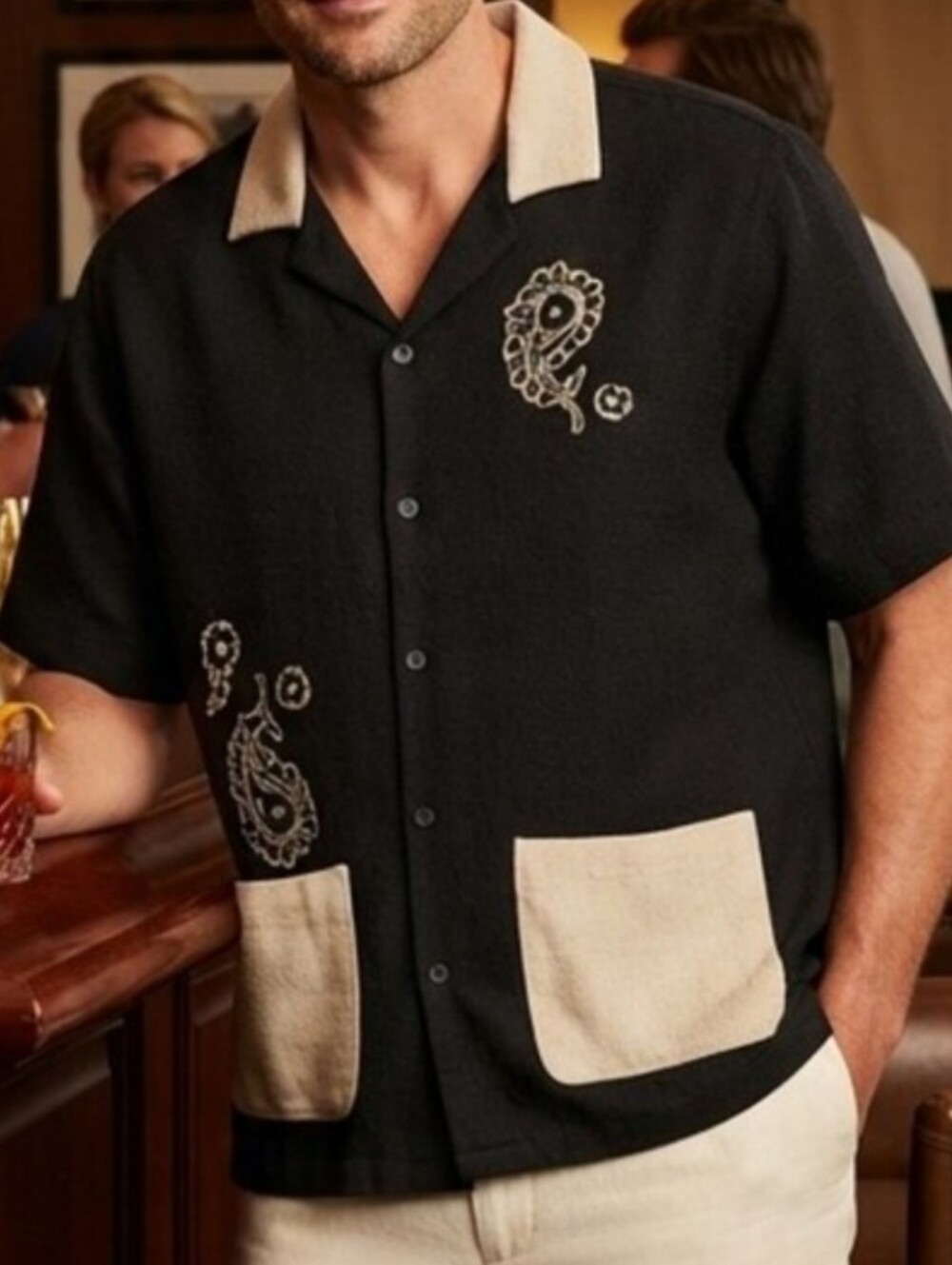 Malibu Black Shirt with Cream Collar and Embroidered Detail